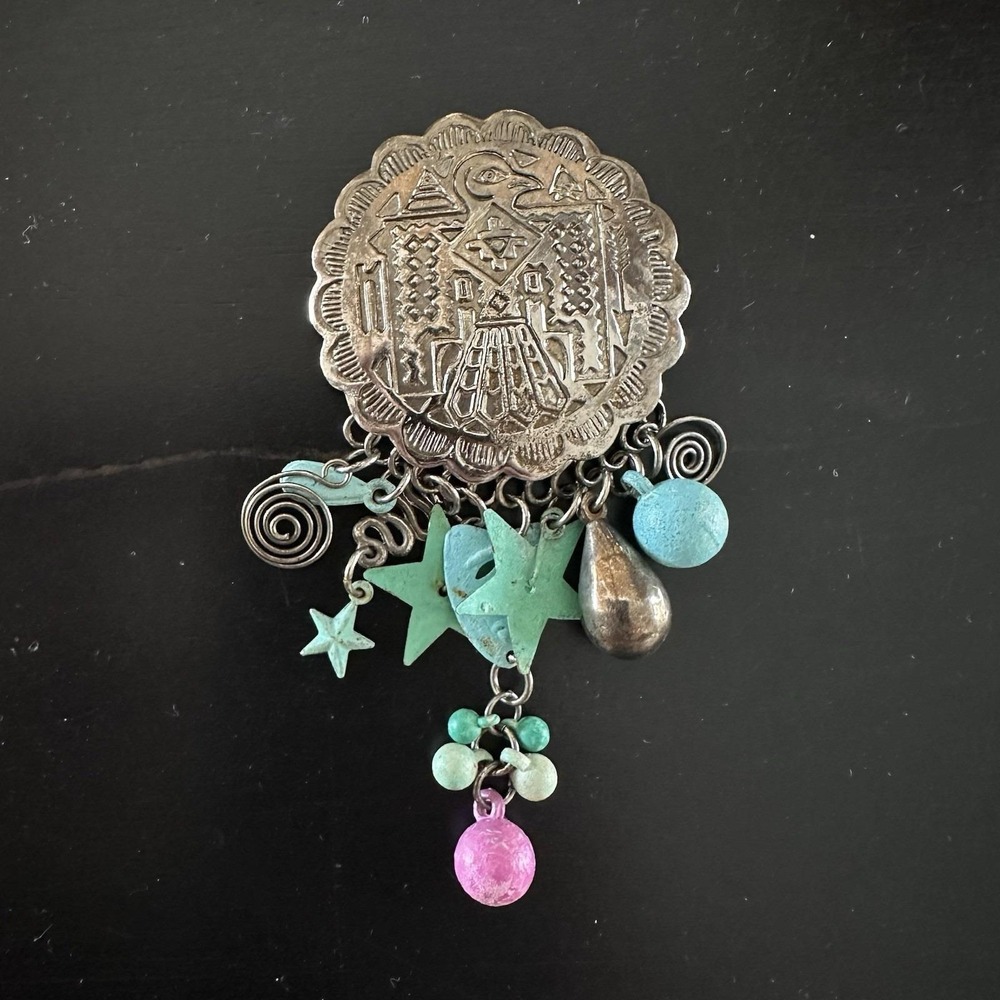 VTG Mexican Guatemalan Silver Tribal Brooch Teal Pink Stars Charms Silver 3 1/2"